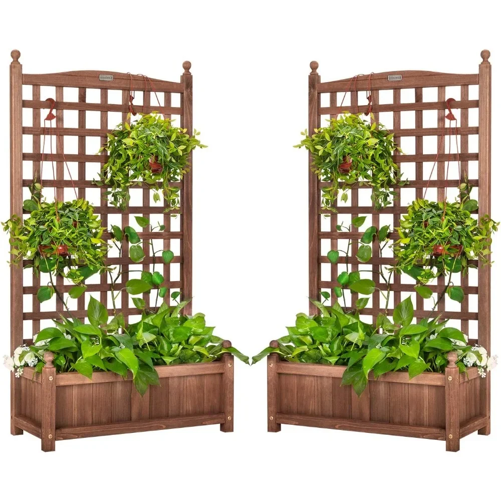 2 Packs Wood Planter Raised Garden Bed with Trellis, 48 Inch Height Outdoor Garden Flower Standing Planter Box Lattice Panels