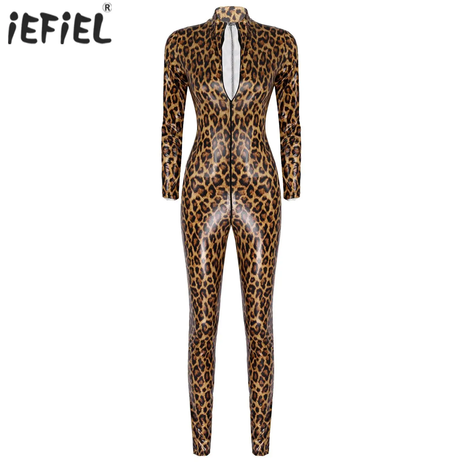 IEFiEL Moda feminina leopardo impressão macacão de couro patente bodysuit gola manga longa zíper catsuit fino ajuste playsuit