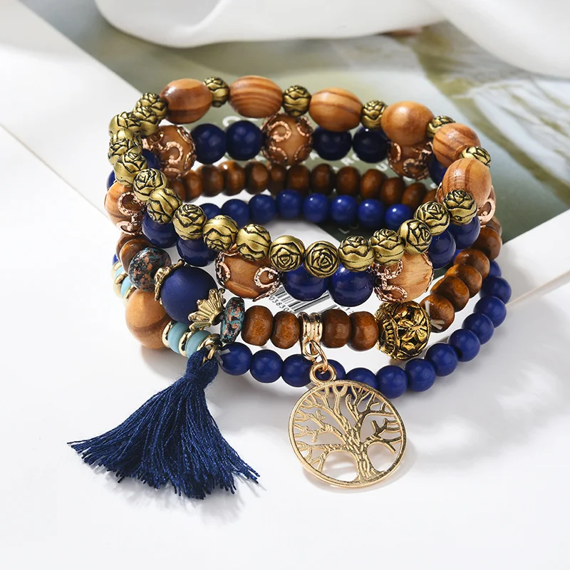 4pcs Bohemia Tree of Life Charm Beaded Bracelet Set for Women Ethnic Style Handmade Wood Beads Chain Bangle Female Tribe Jewelry