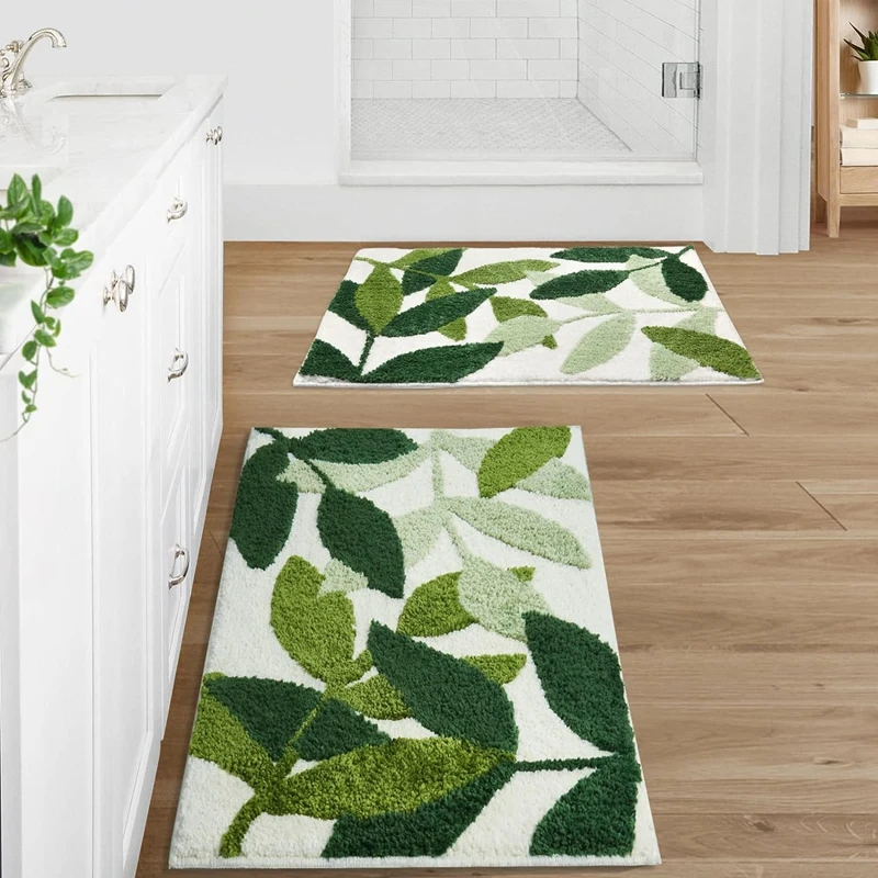 Bathroom Rugs Green Cute Leaves Fluffy Bathmat Non Slip Water Aabsorbent Plush Microfiber Bathroom Carpet Leaf Shower Mat 바닥 깔개