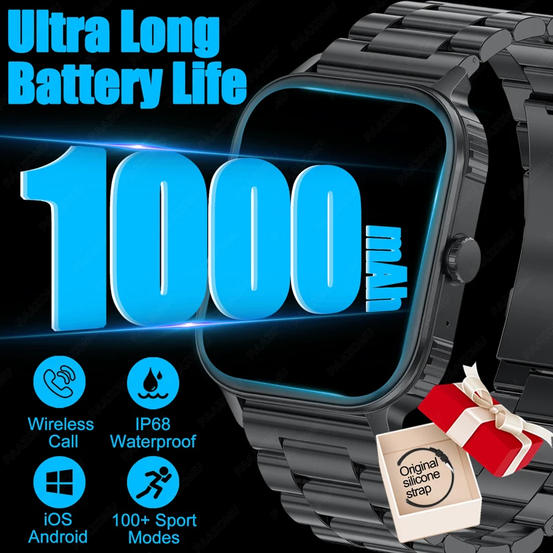 

Смарт-часы для мужчин, 1000 мАч, длительное время ожидания, уличные, IP68, водонепроницаемые, пульсометр, 100+, спортивные, Bluetooth, умные часы с вызовом, Android iOS