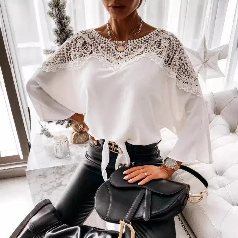 Nueva camisa holgada de manga larga elegante de encaje de gasa para mujer Top de cuello redondo para ir al trabajo de Color sólido 12459