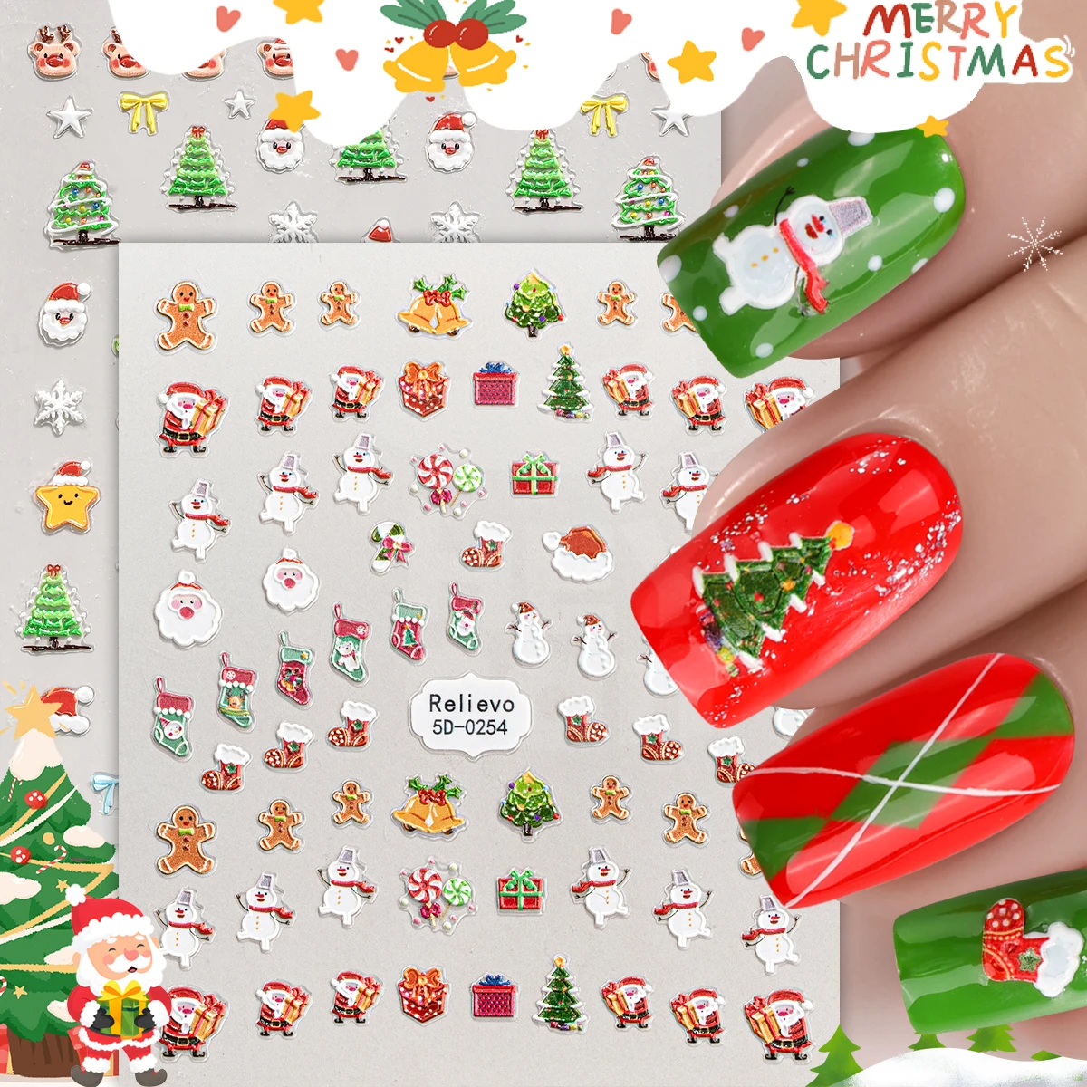 

2pcs Cartoon Christmas Nail Art Sticker 5D Santa Claus Snowman Elk Self-Adhesive Nail Decals for DIY Manicure Decoration