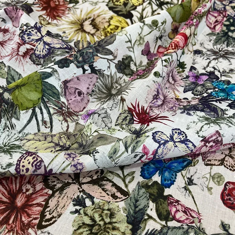 2024 Brand Cotton Printed Butterfly Flower Pattern Fabric for Dress Shirt High Quality Elastic Satin Fabric Material for Clothes