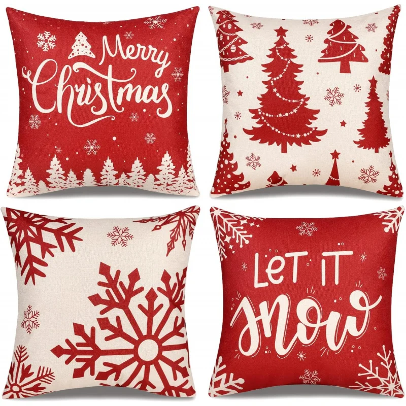 Christmas pillowcases 18x18 sets 4-piece set with red checkered pillows setaccessoriesdeer snowflakesfarmhouse linen cushionspil