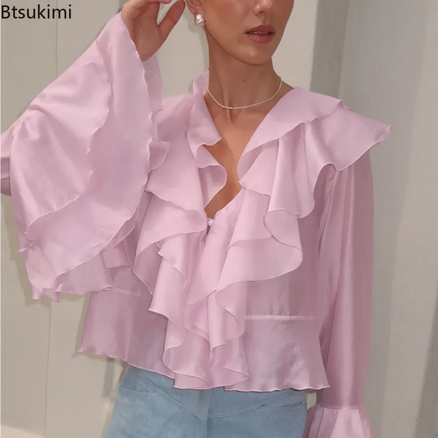 Women Elegant Pink Ruffled Blouse V Neck Flare Sleeve Solid Color Single Breasted Loose Shirt Casual New Ladies Streetwear Top