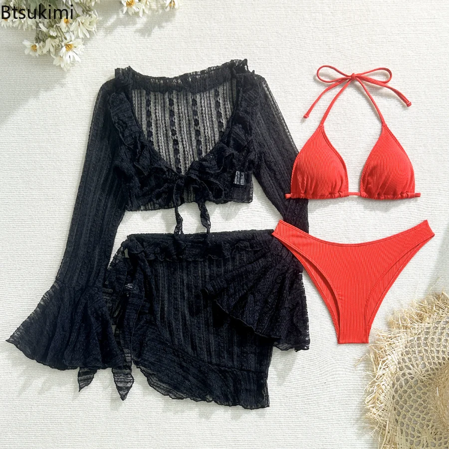 4 Pieces Bikinis Set Women Mesh Sexy Long Sleeve Cover Up with Beach Skirt Swimwear 2025 Holiday Bathing Suit Patchwork Swimsuit