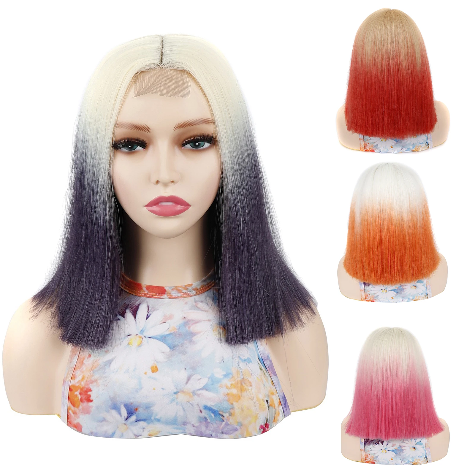 16Inch Ombre Bob Wigs For Women Middle Part Hand Tied Small Lace Front Synthetic Straight Wig Cosplay Daily Hair Wig