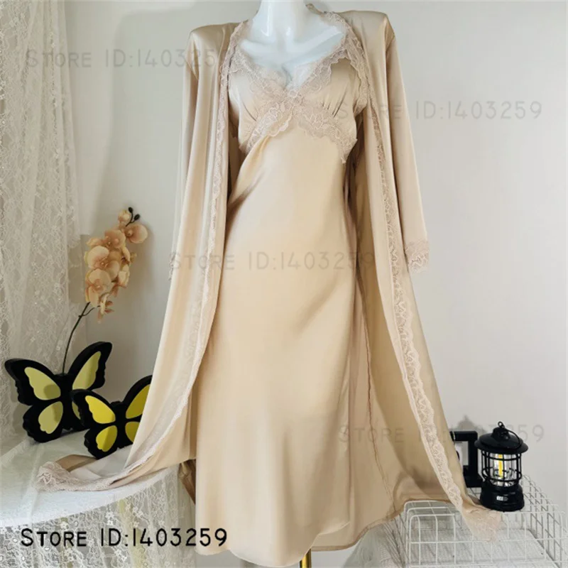 

Female Long Nighty&Robe Set Elegant Lace Kimono Bathrobe Gown Nightwear Spring Summer Home Dress Nightgown Rayon Lounge Wear