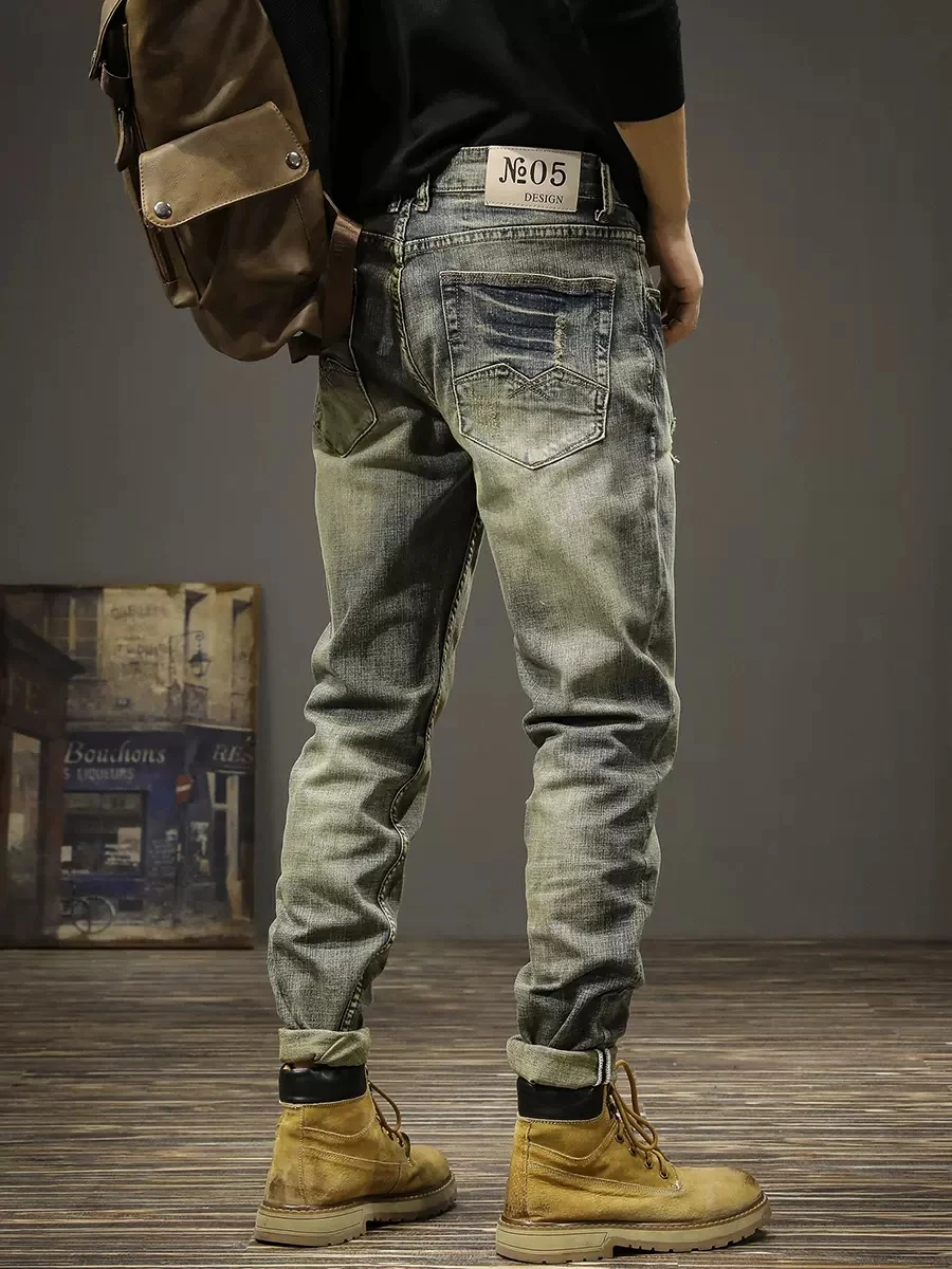 Italian Style Fashion Men Jeans Retro Yellow Blue Stretch Slim Ripped Jeans Men Elastic Trousers Vintage Designer Pants Hombre