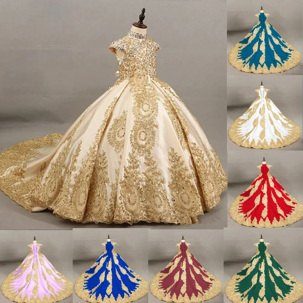 

Color Flower Girl Dresses for Wedding Gold Printing Pageant Gown Sleeveless Lace Appliques Communion Gowns