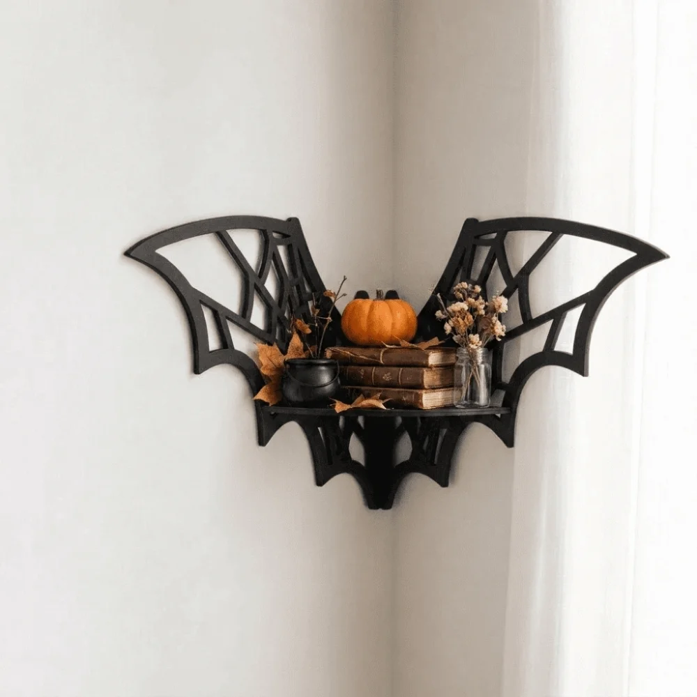 Wooden Bat Corner Shelf Black Wall Mounted Floating Storage Shelf Creative Shape Hollow Pattern Wall Display Shelf Halloween