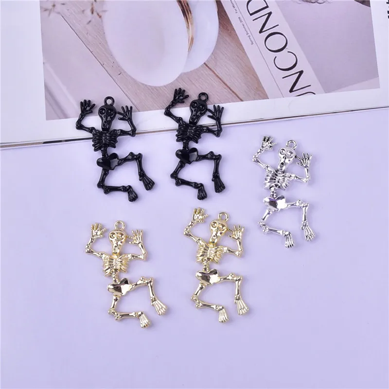 5pcs 52*28mm Zinc Alloy Silver Color Halloween Funny Skull Skeleton Man Charms Pendant Designer Charms Fit Jewelry Making DIY Je