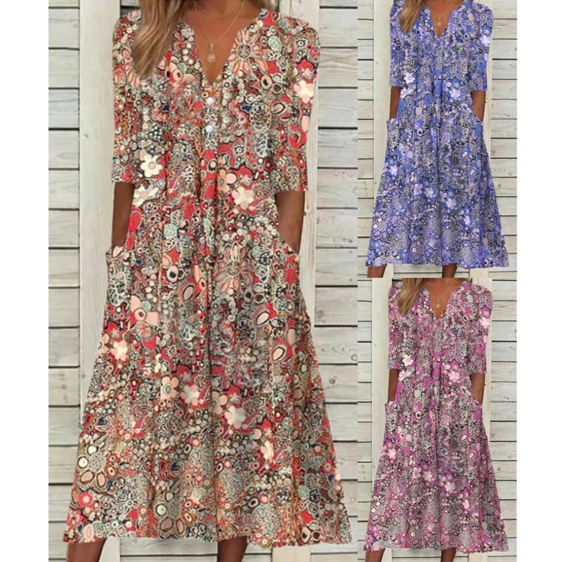 2023 Summer Fashion Vintage Floral Print Boho Party Dresses for Women Vacation V-Neck Short Sleeve Pockets Beach Midi Dress Robe