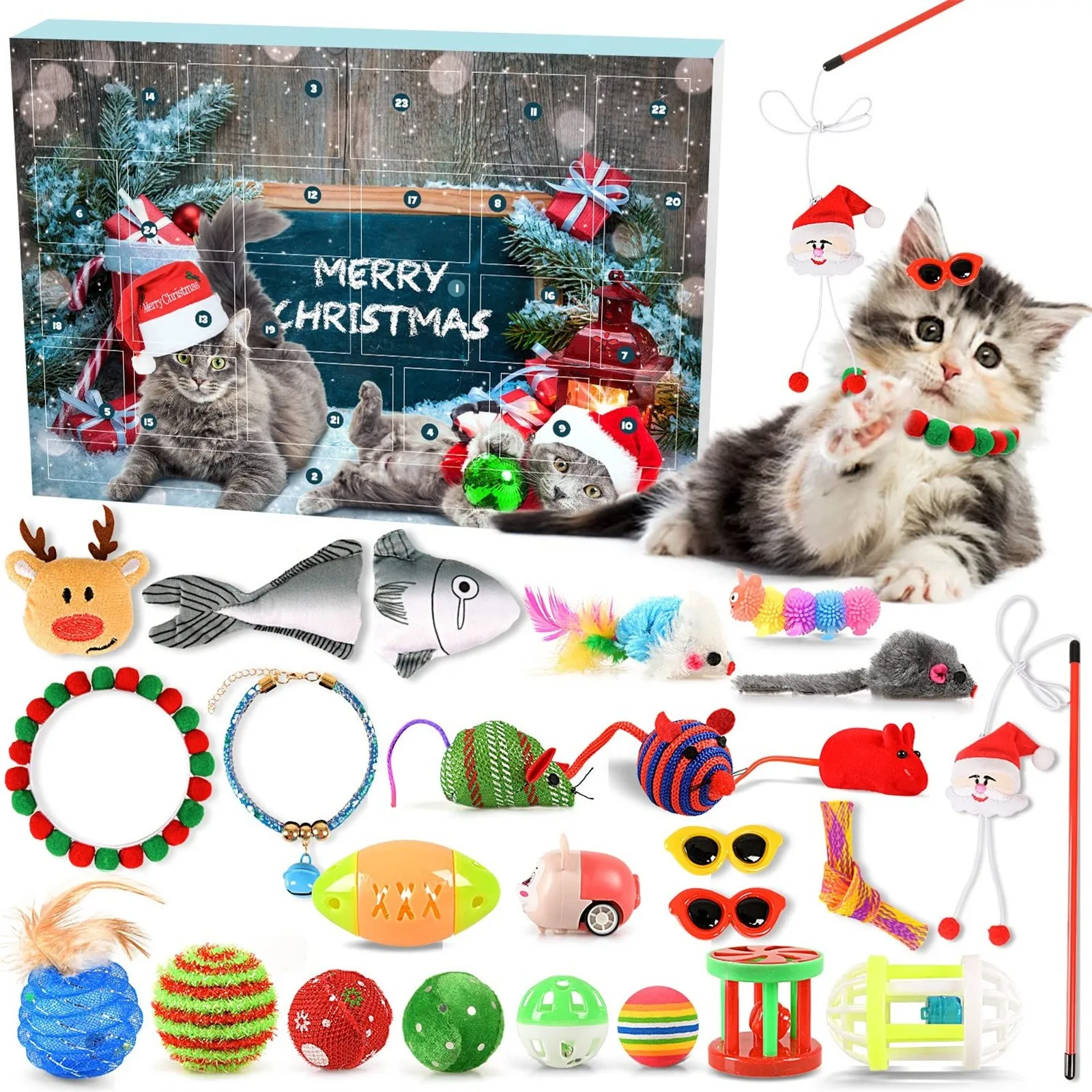 Fashion Cat Advents Calendar 2024 Funny Festival Countdown Collectible Interactive Cat Toy Kit For Cat Lovers Present Box