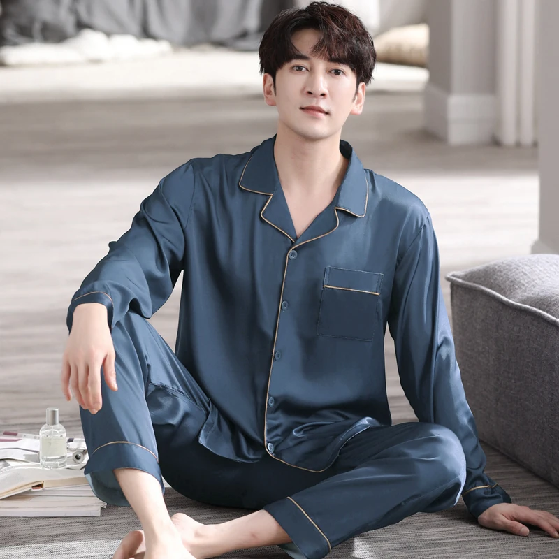 New Men Pajama Sets Silk Satin Sleepwear For Man Shirt Long Sleeve Pyjama Male Fashion Soft Home Night Wear Big Size Loungewear