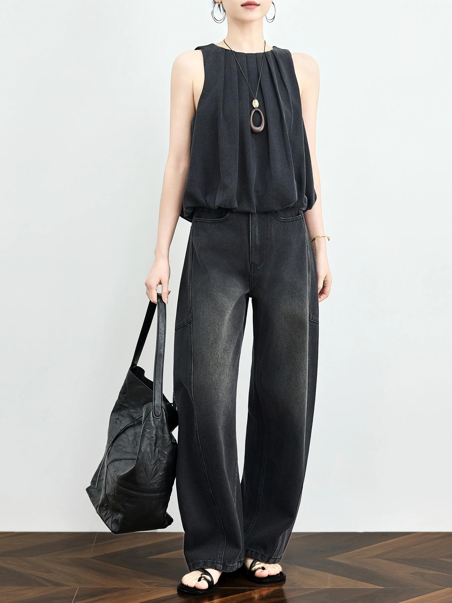 

Black Scythe Denim Pants Women's Vintage Worn-Look Banana Pants Loose Wide Leg Jeans Commute Style High Waist Cotton Summer