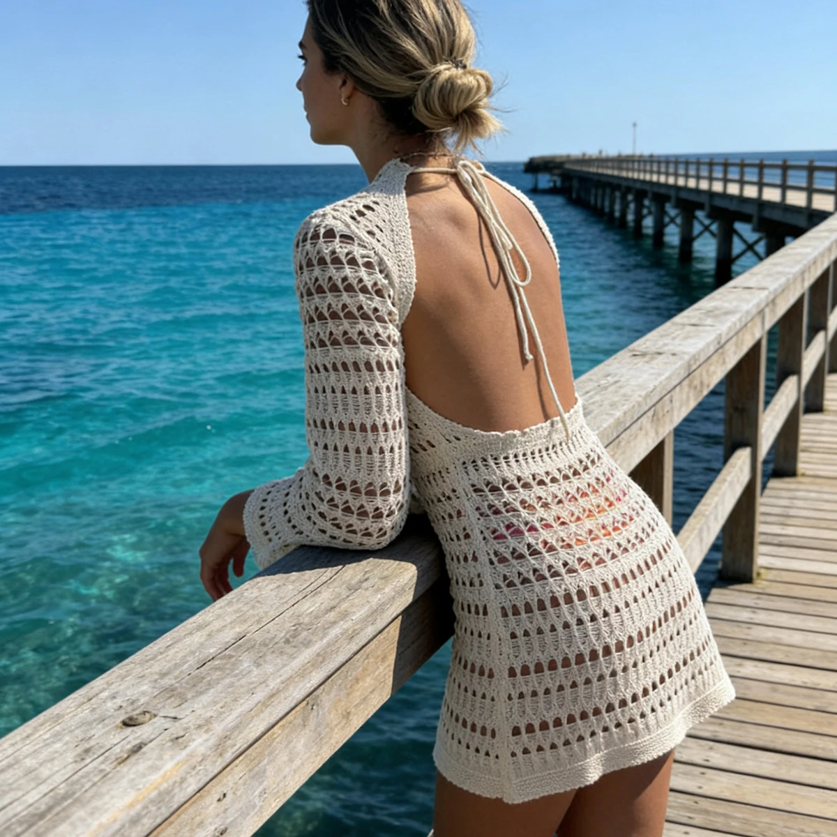 

Пляжное платье-накидка с длинными рукавами и вырезами, сексуальное модное платье с открытой спиной и завязками, облегающее, однотонное