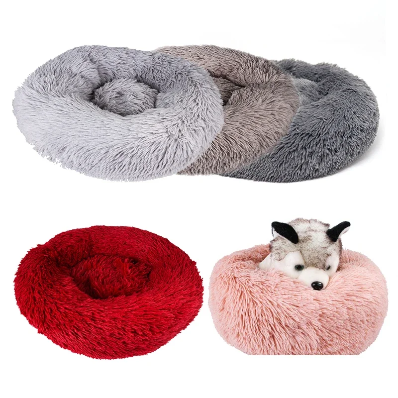 Round Dog Bed Long Plush Soft Pet Dog Cat Bed Winter Warm Sleeping Bed Cushion Portable Small Large Dog Cat Mat Pet Supplies