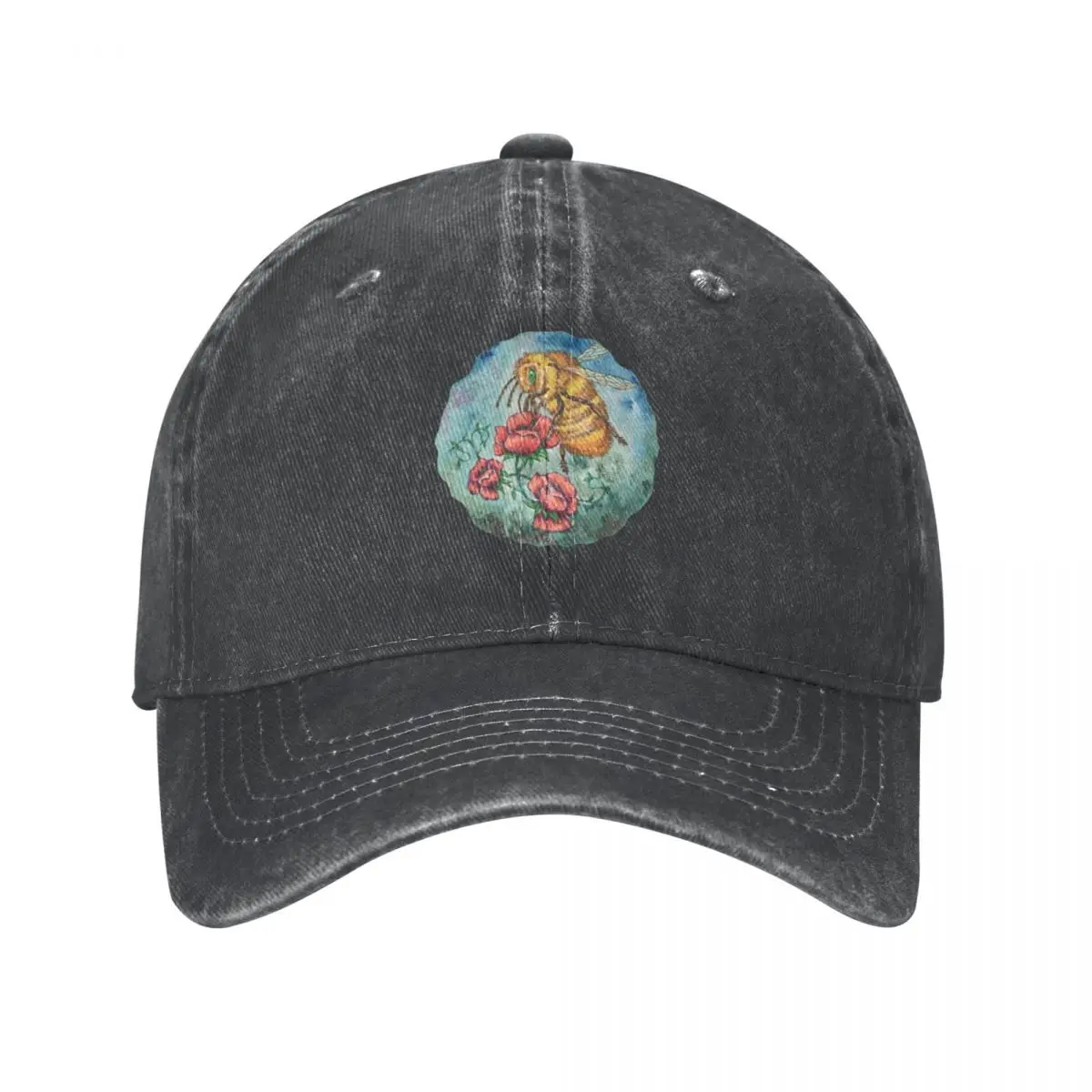 Watercolour bee collecting pollen from red flowers Cowboy Hat Sunhat Luxury Cap Hats Woman Men's