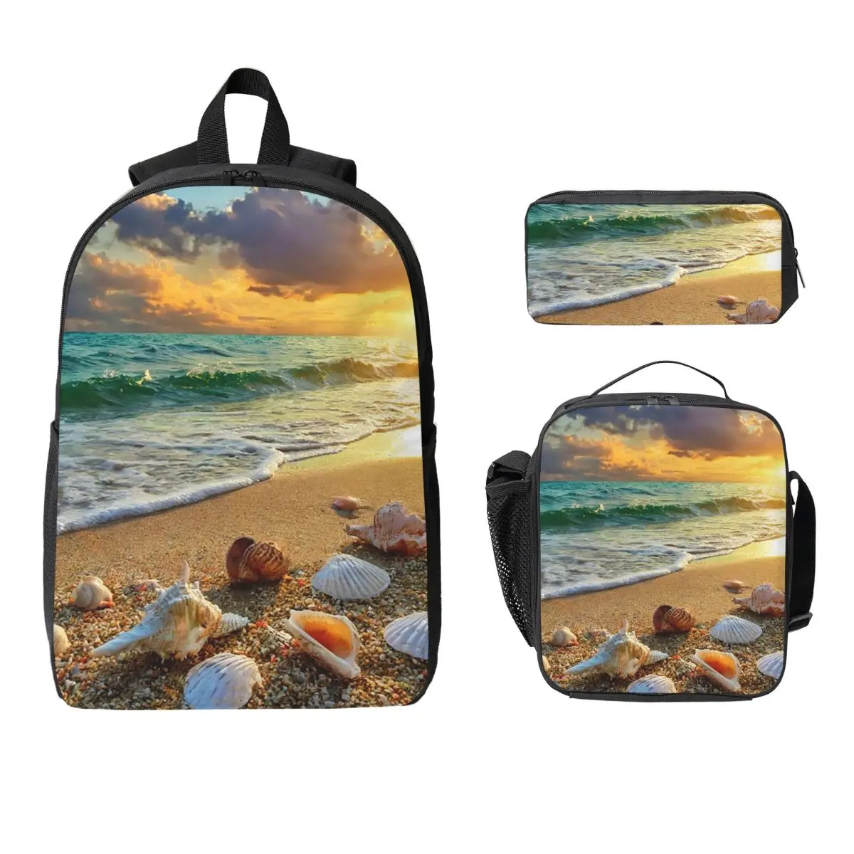 Shell With Beach Blue Printed Backpack Boys Girls BookBag School Bag Laptop Shoulder Bags 3ps Insulated Lunch Bag Pencil Case