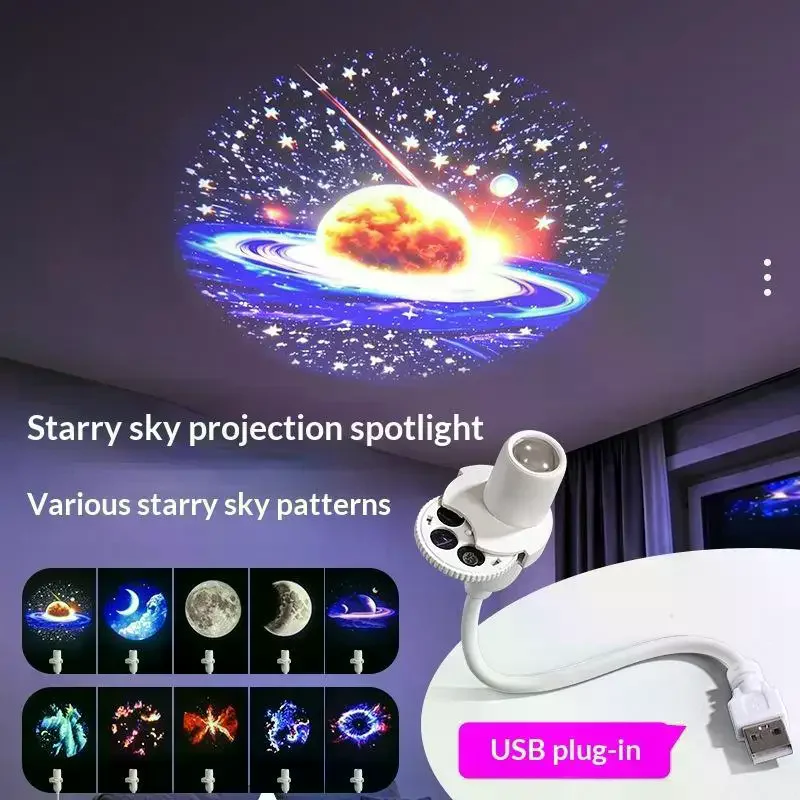 USB Powered Galaxy Projector Multi Planet Patterns Flexible Neck For Bedroom Romantic Night Use