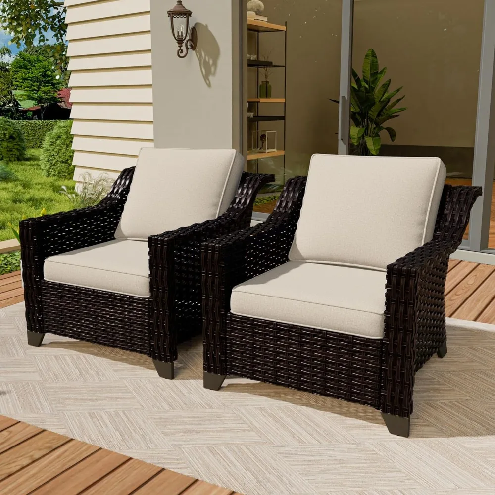 كرسي بذراعين خارجي مكون من قطعتين، مجموعة أثاث محادثات الفناء، وسادة قابلة للغسل، راتان PE فاخر منسوج يدويًا