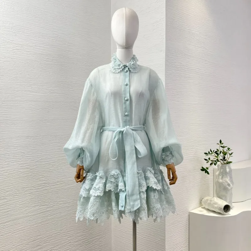

Mint Green Cascading Lace Patchwork Hem Long Sleeve Midi Dress 2025 High Quality