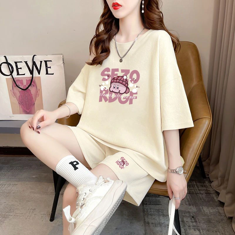 

plus Size Casual Print Set Women Summer Korean Loose Fashionable Short Sleeve Shorts Sport Two Piece Set round Neck Overhead