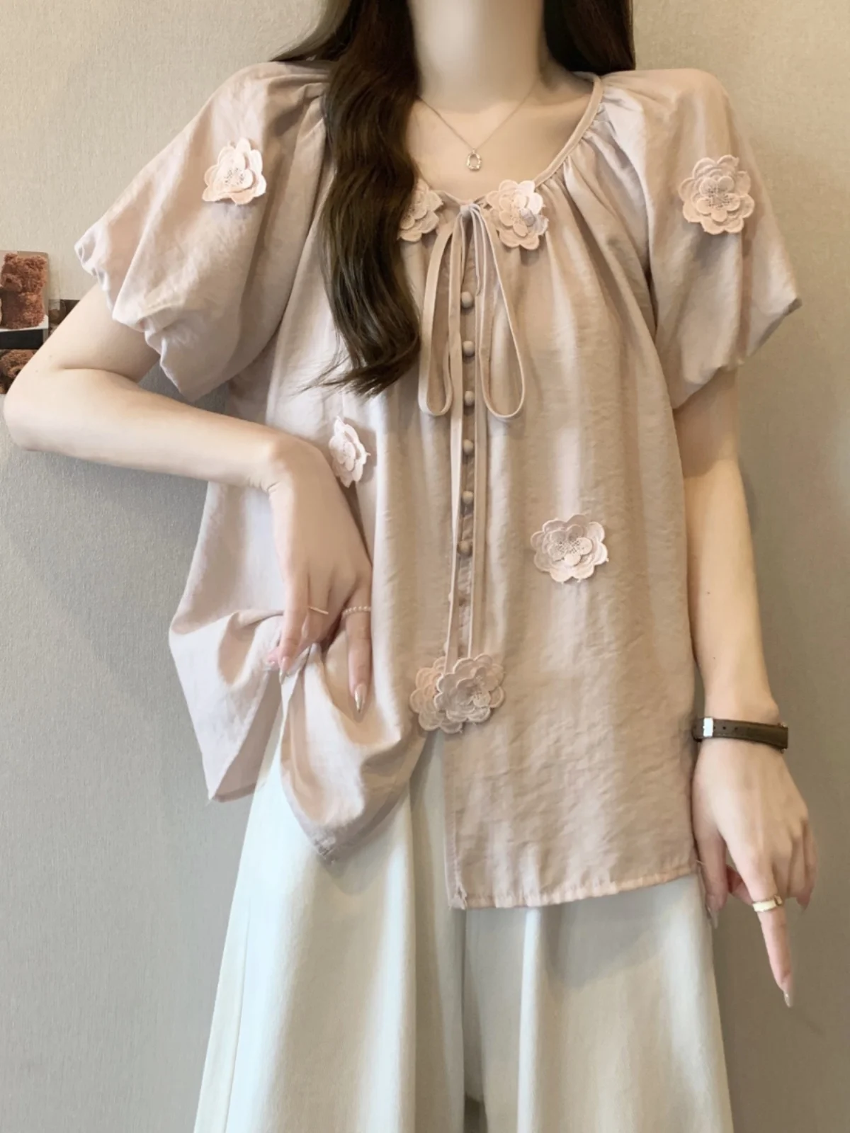 Chic Short Sleeve Bubble Shirt Women's Summer plus Size Flattering Slimming Belly Covering Age-Defying Beautiful Top
