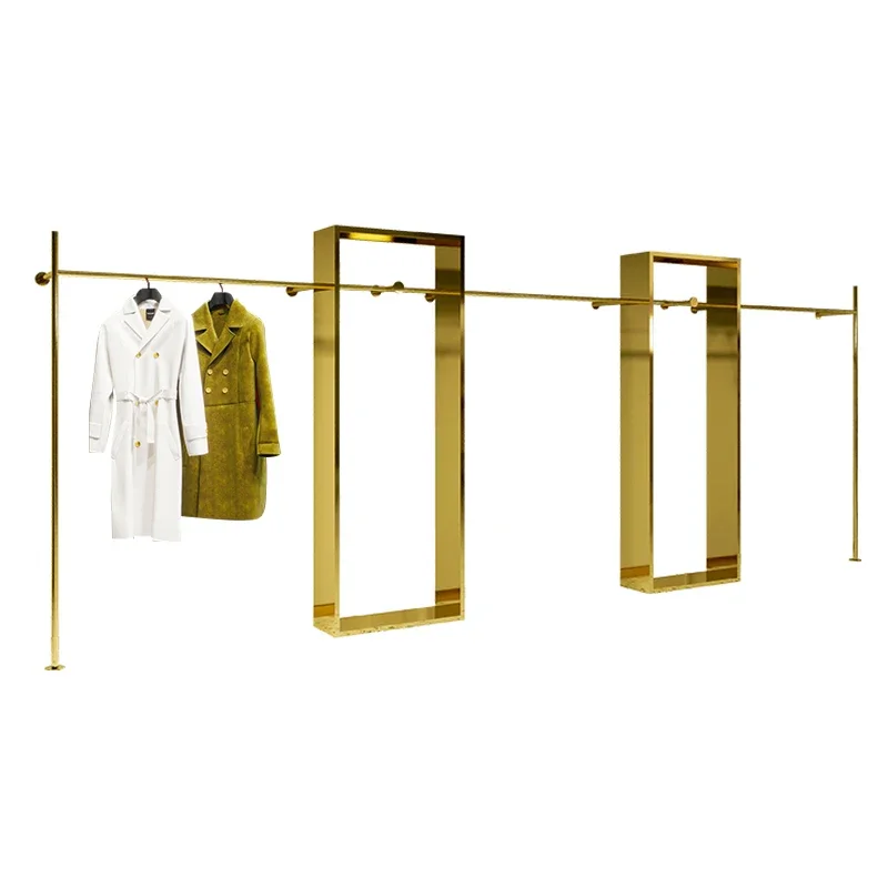 Guangdong Store Wall Mounted Display Racks Shelves Clothing Clothes Display Rack Wall Golden Stainless Clothing Stand for Cloth