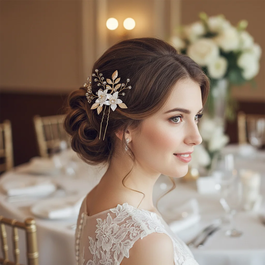Wedding Ceremony Bridal U Hair Pin With White Flower Leaf Design Sparkling Crystal Accent Secure Hold for Updo Hairstyle
