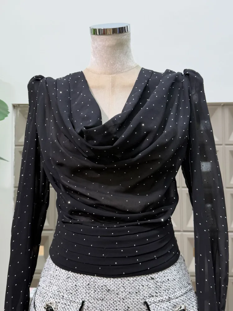 เสื้อชีฟองตาข่ายลายจุดแฟชั่นสำหรับผู้หญิง DFDG คอลเลคชั่นฤดูใบไม้ผลิ/ฤดูร้อน 2025 คอวีแบบผูกเอว แขนยาว จับจีบ