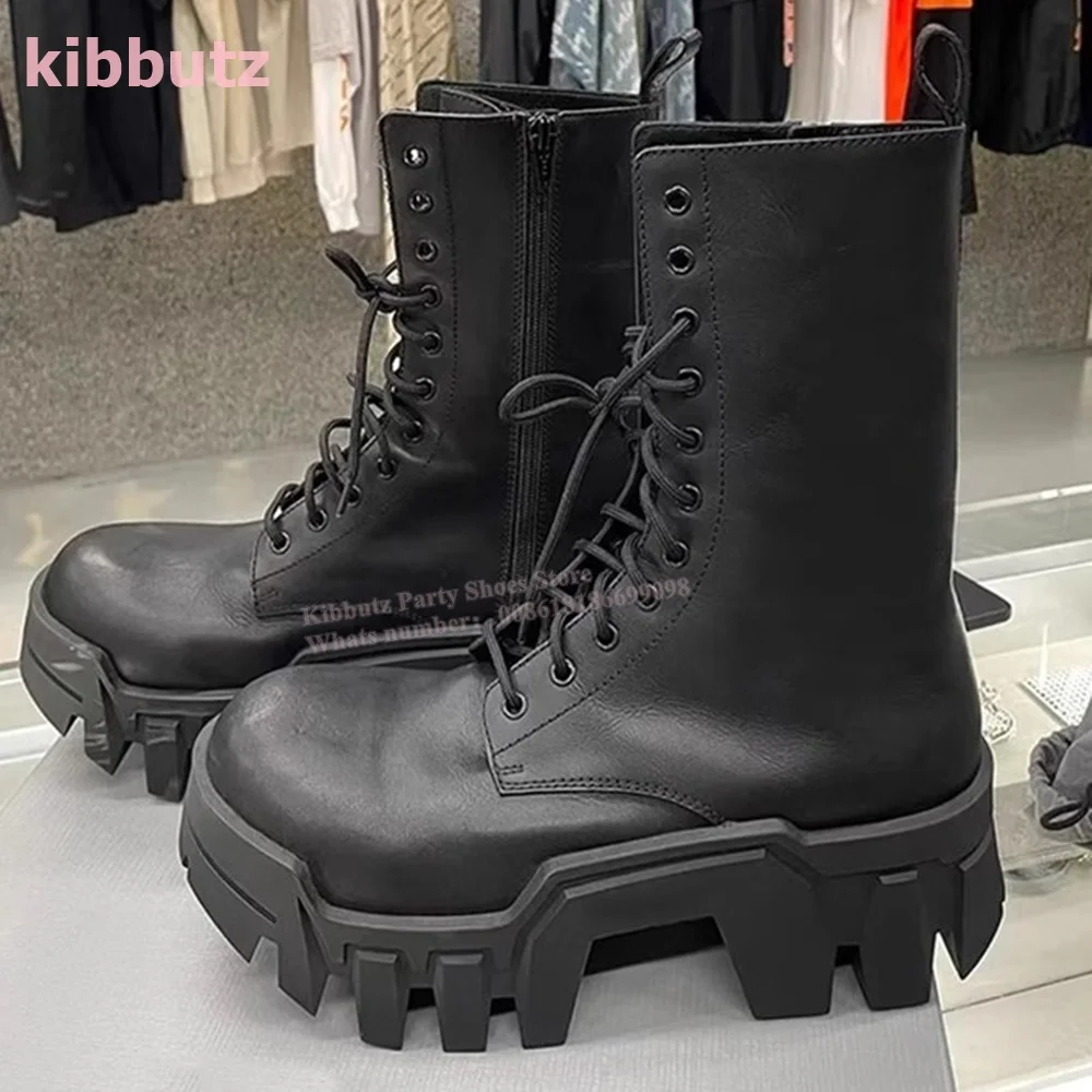 Lace-Up Motorcycle Mid Calf Boots Thick Height Increasing Round Toe Side Zipper Genuine Leather Solid Black Fashion Luxury Shoes