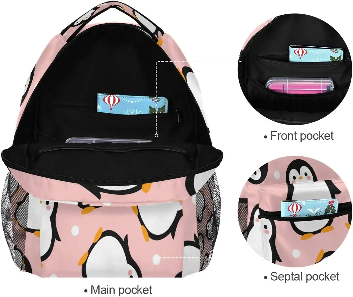 Cute Penguin Backpack for Boys Girls Kids Cartoon Pink Sea Animals Dots Student Bookbag School Bag Travel Daypack Shoulder Bag