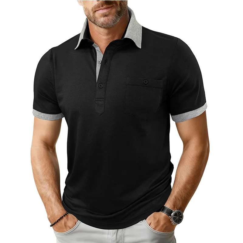 Men's spring and summer short sleeved loose collar threaded cuffs men's polo shirt casual button men's luxury fashion top