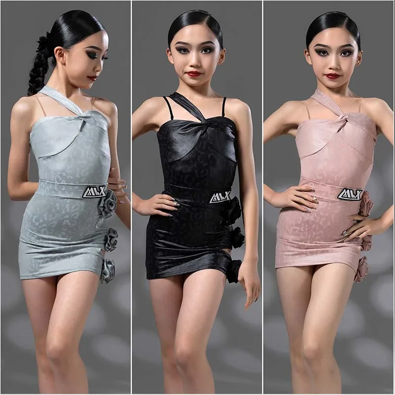 

Latin Dance Costume Girls Dancer Suit Rumba Competition Suit Samba Performance Wear Black Pink Glossy Slip Dress Summer AMY579