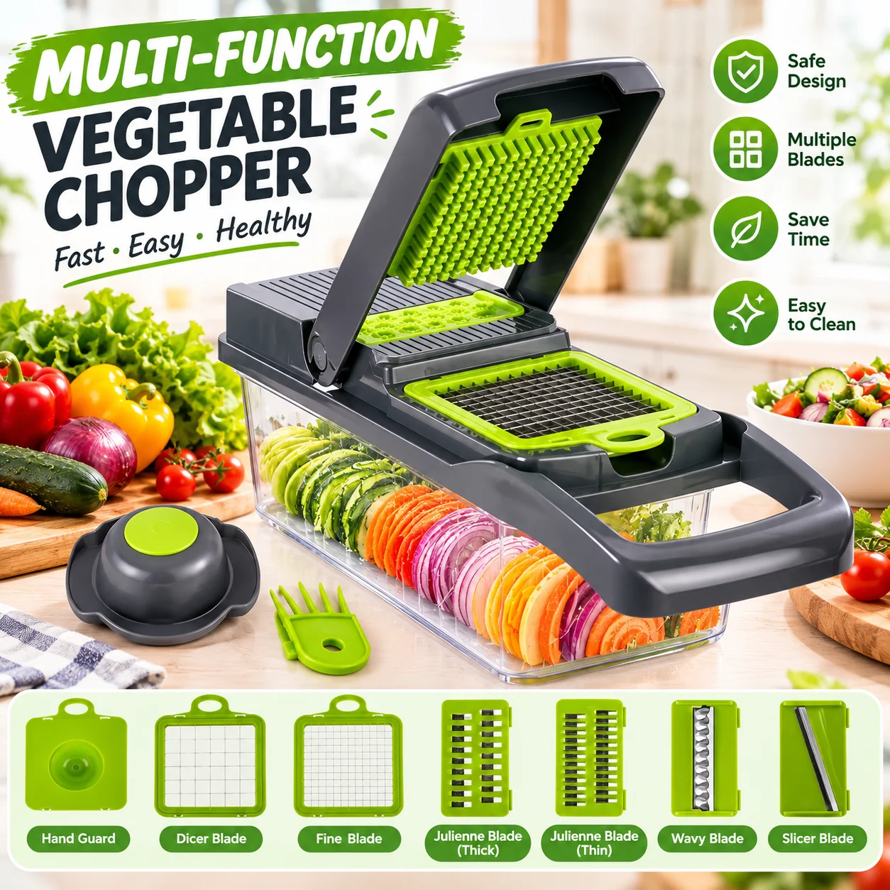 8‑in‑1 Multifunctional Vegetable Chopper, Manual Food Cutter Slicer Dicer Shredder with Interchangeable Blades & Storage Container, Kitchen Gadget for Onion Potato Veggie Fruit Salad Preparation