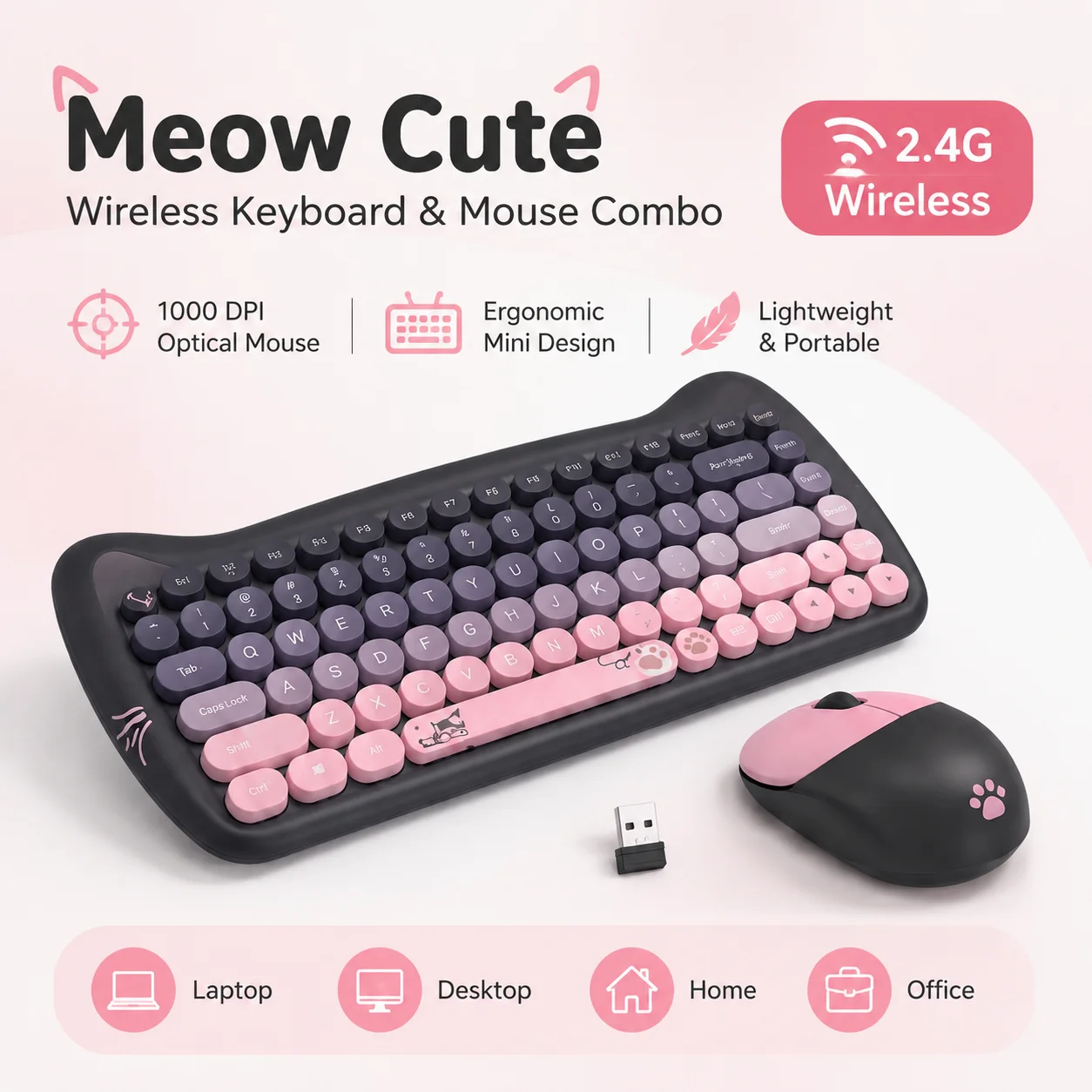 Cute Wireless Keyboard and Mouse Combo Mini Compact Design 2.4G USB Optical Ergonomic for Laptop Desktop PC Pink Purple Beige Bl