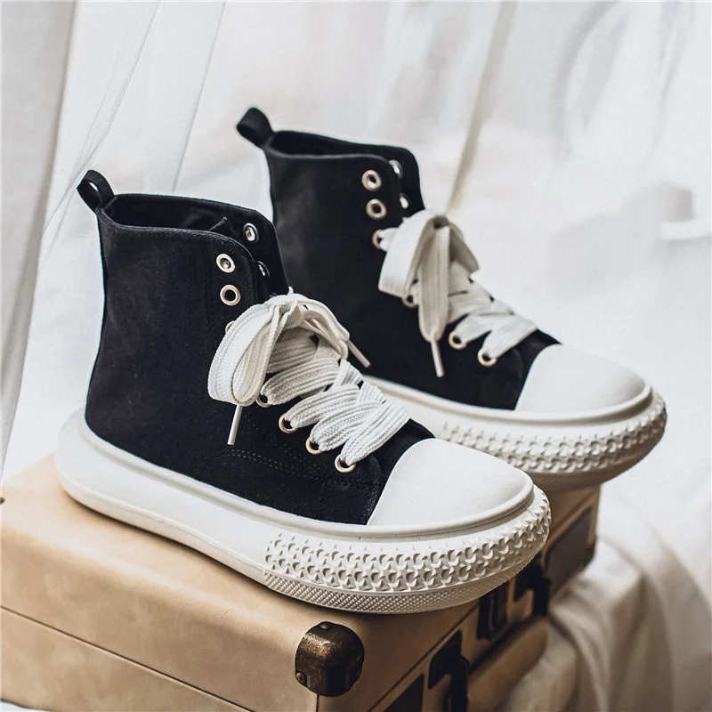 Fashionable Men's High-top Canvas Shoes Casual Platform Sneakers Men Lace-up Black Vulcanized Shoes Men Trendy Flats Espadrilles