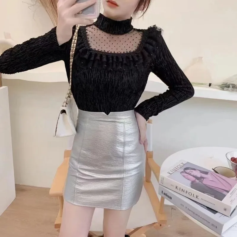 2024 Autumn New Versatile Commuter Temperament Lace Top Exquisite Mesh Semi-turtleneck Women\'s Long-sleeved Chiffon Blouse