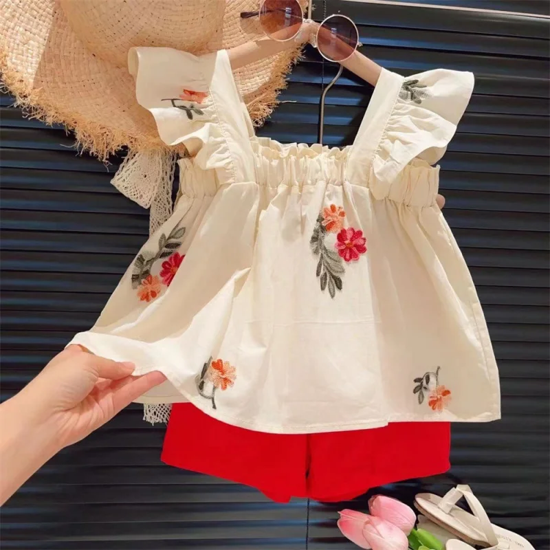 

New Product Set Girls' Flower Embroidered Lace Elastic Sling Doll Shirt Shorts Two-Piece Set2024Summer Clothing-WSNY