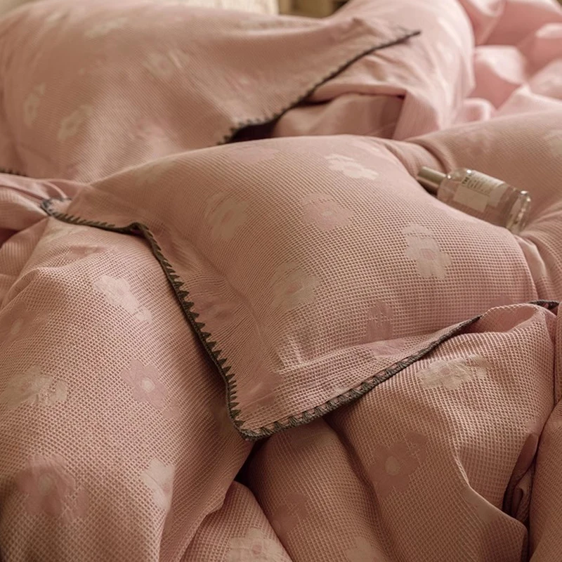 Imagem -03 - Roupa de Cama de Algodão de Quatro Peças Cama Longa Grampo Estilo Nórdico Simples Cor-de-rosa Cama Lisa Venda Quente Moda Mais Nova 2024