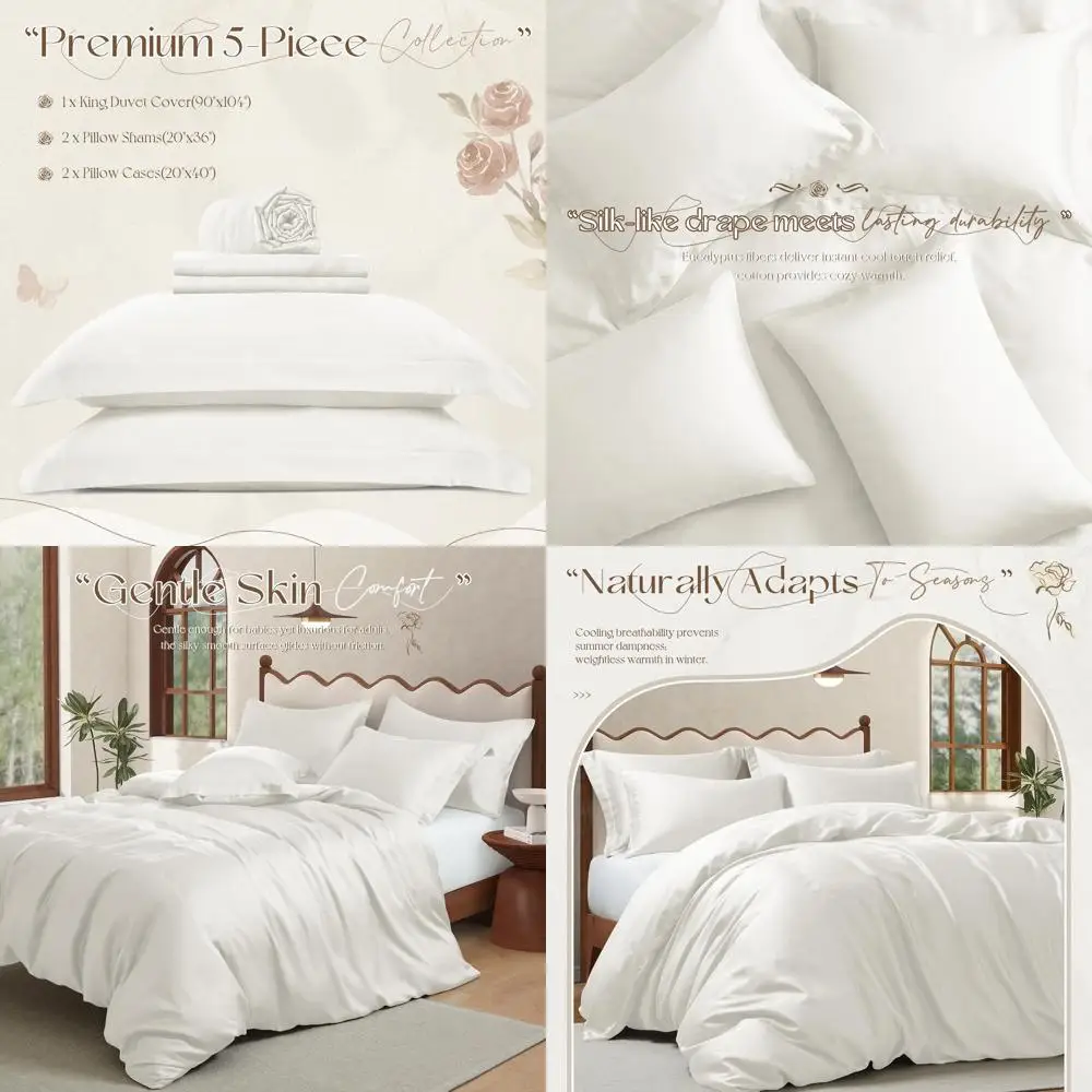 

Комплект постельного белья из 5 предметов: пододеяльник King Size из хлопка и тенселя (лиоцелл эвкалипта), белый, охлаждающий, роскошный и шелковистый – 2