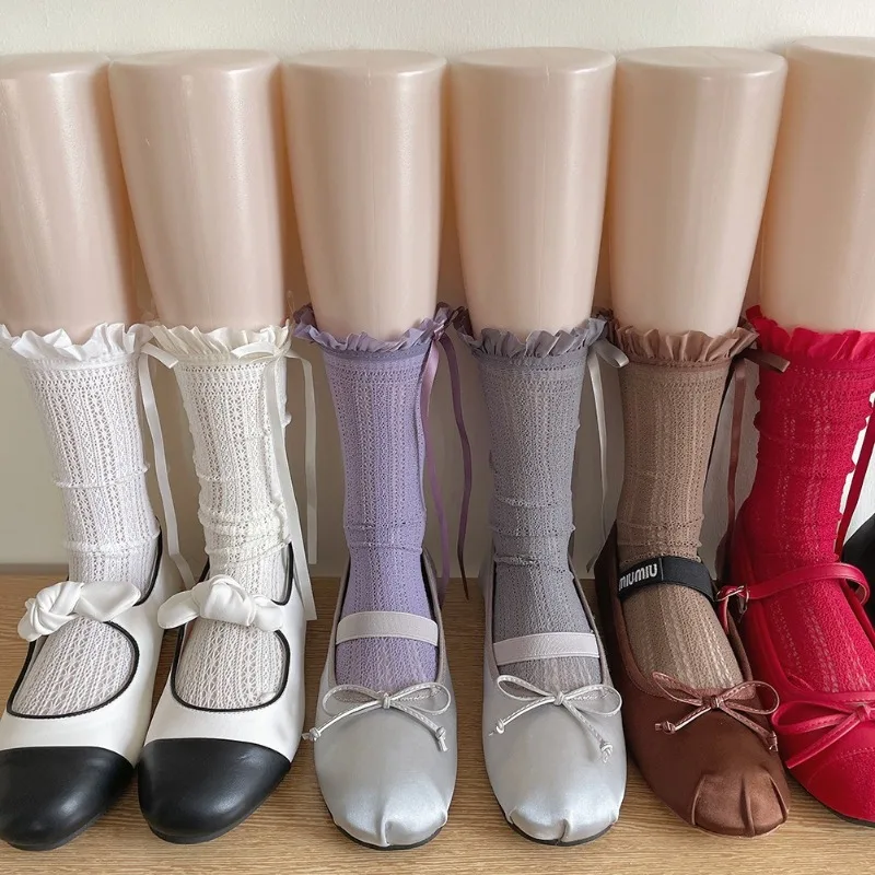 Dopamine Frill Mesh Knee High Socks Female Women's Lace Pattern Bowknot Hollow Socks Lolita Ballet Style Stacked Hosiery