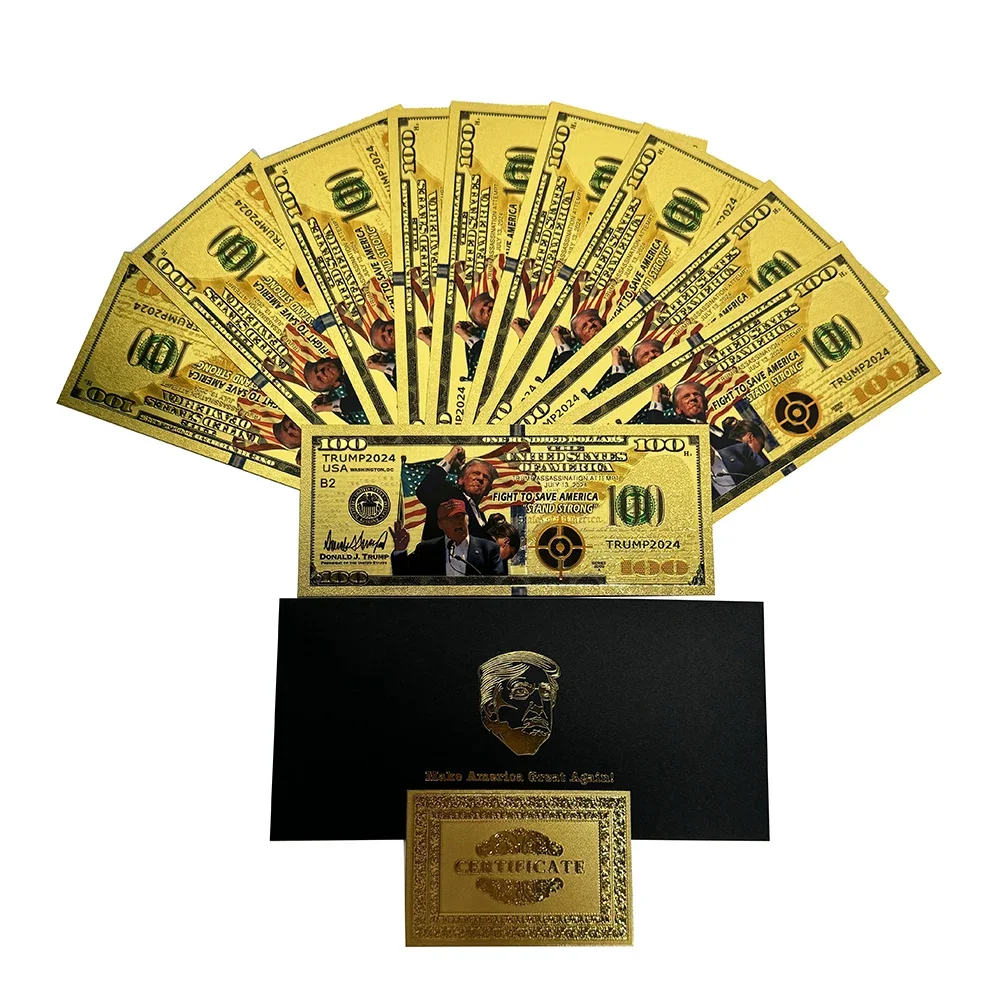 

10pcs/lot 2024 Make America Great Again Card Shooting Makes Me Stronger Donald Trump 100 US Dollar 24K Gold Banknote