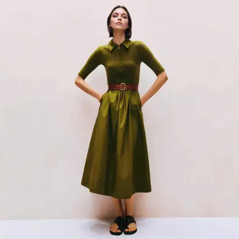 유럽과 미국의 우아한 올리브 그린 턴다운 칼라 5부 소매 드레스 (허리 벨트 및 넓은 밑단 디자인)