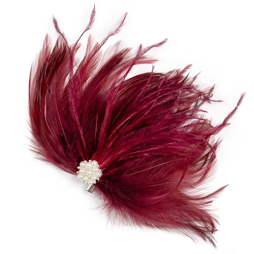Wine Red Feathers Headdress Flower Brooch Hair Clip for Woman Elegant Dance Show Wedding Party Dress Headwear Plumes Decoration