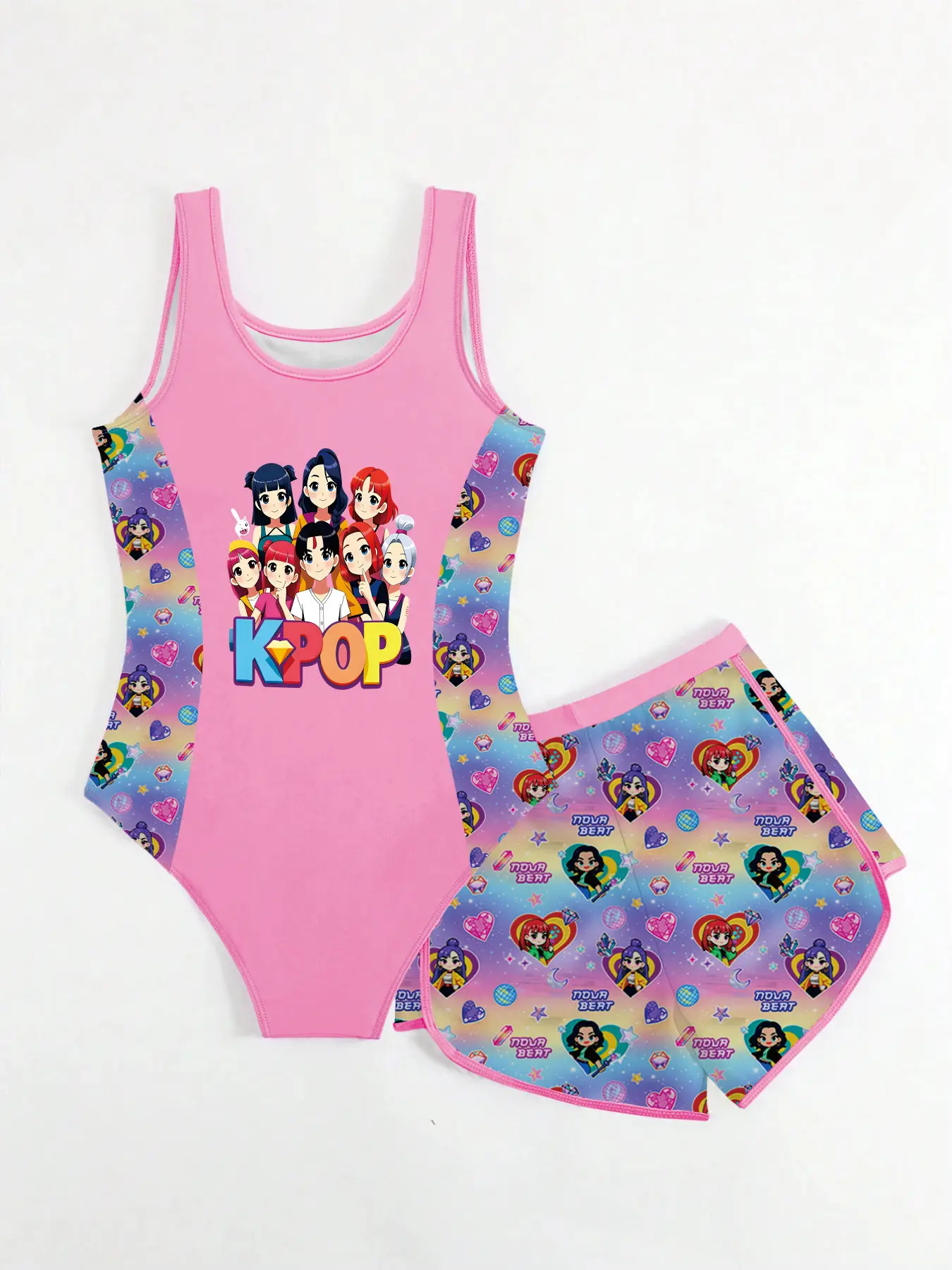 Kids Girls 2-Piece Skirted Swimsuit, Hot Pink K-Pop Group Cartoon Print Spliced U Neck Tank One Piece Bathing Suit & Rainbow Hea