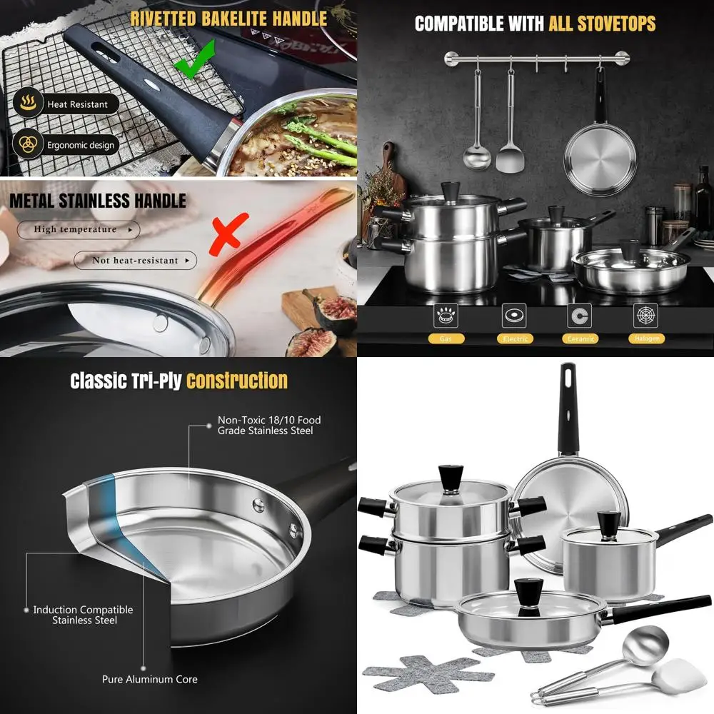 

14-Piece Induction-Ready Cookware Set: Non-Toxic, Cool-Handle Pans with Glass Lids, Steamer, Mats & Utensils - Dishwasher Safe